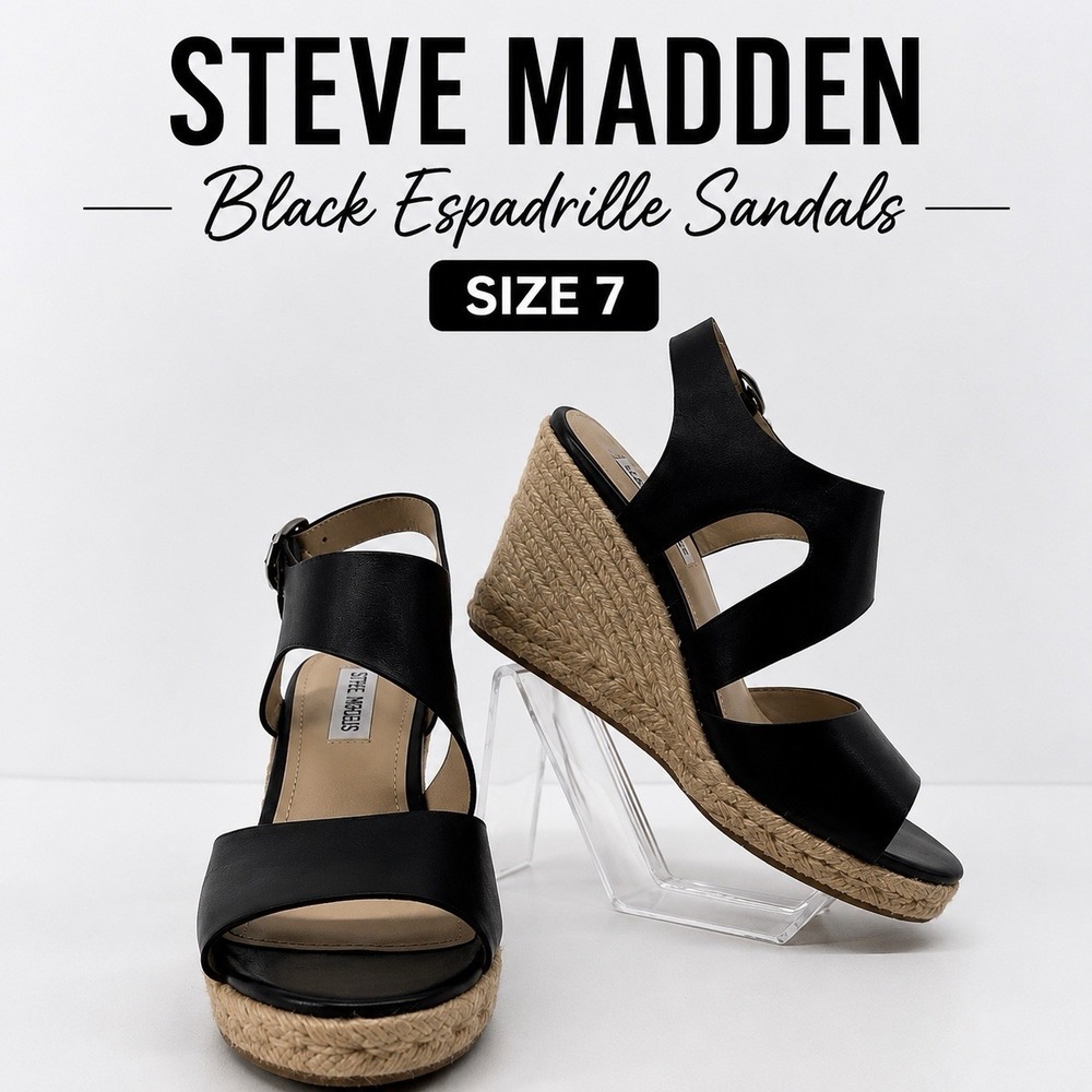 Steve Madden Wavi Espadrille Wedge Sandals Women's 7 Black Leather Platform Boho